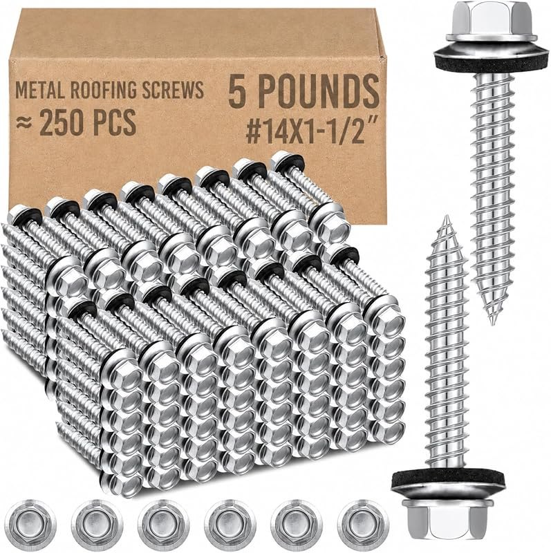 Zonon 250 Pcs Metal Roofing Screws for Wood #14 x 1-1/2 Inch Hex Head Sheet Metal to Wood Siding Screw with Epdm