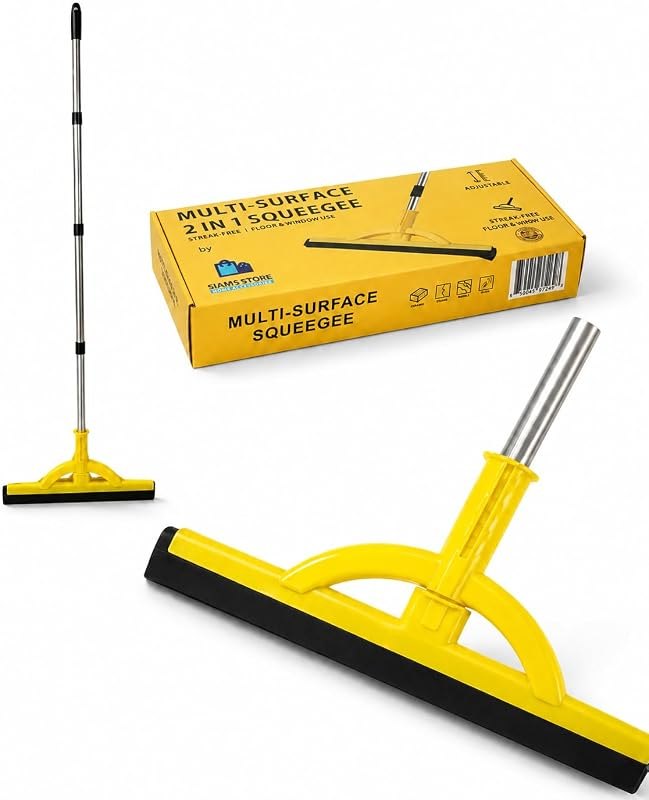 2-in-1 Heavy Duty Floor Squeegee and Water Broom with Telescopic Handle, EVA Foam Blade for Tile, Concrete, Marble