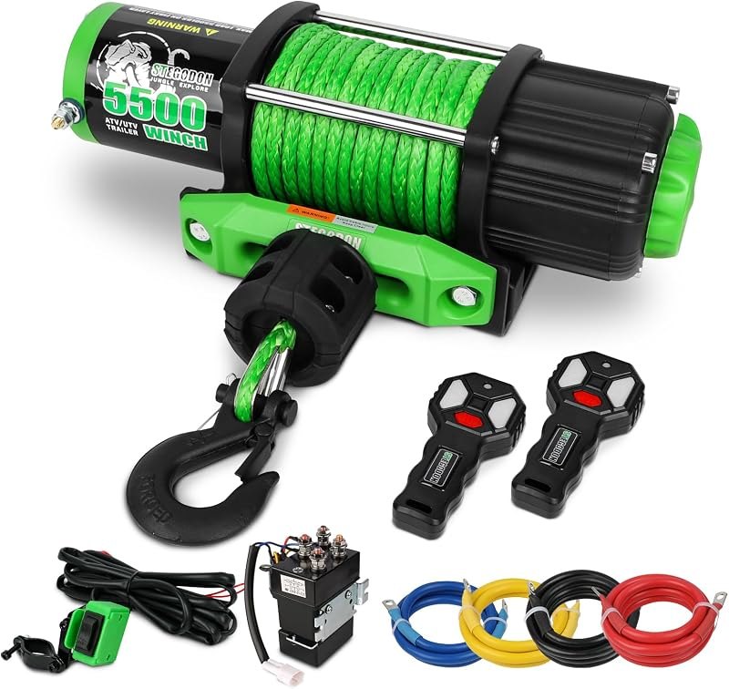 5500 Winch 12V Electric ATV/UTV Winch with Synthetic Rope,2pcs Wireless Remote and Winch Stopper for Towing Jeep