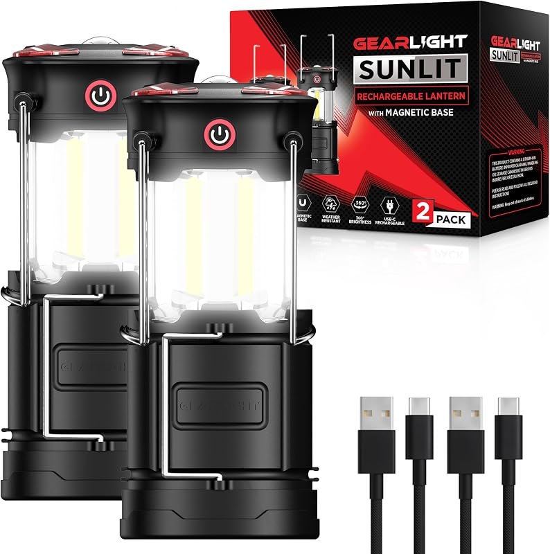 GearLight Rechargeable Camping Lantern - 2 Portable LED Lanterns with Magnetic Base and Foldable Hook for Emergency