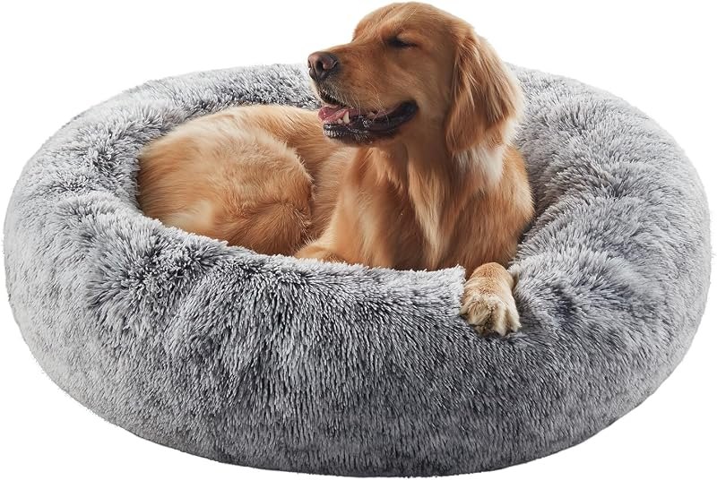 36 inches Faux Fur Fluffy Donut Dog Bed for Large Dogs,Dark Grey — dog calming donut bed for dog calming donut bed