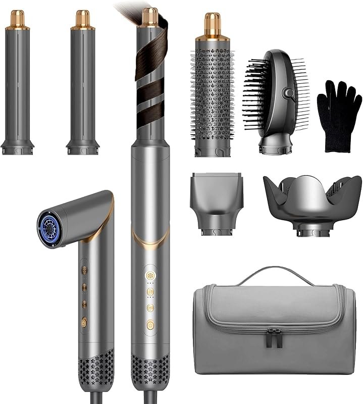 6 in 1 Hair Dryer Brush & Air Styler, Foldable High Speed Negative Ionic Hair Care Blow Dryer with Auto-Wrap Curlers