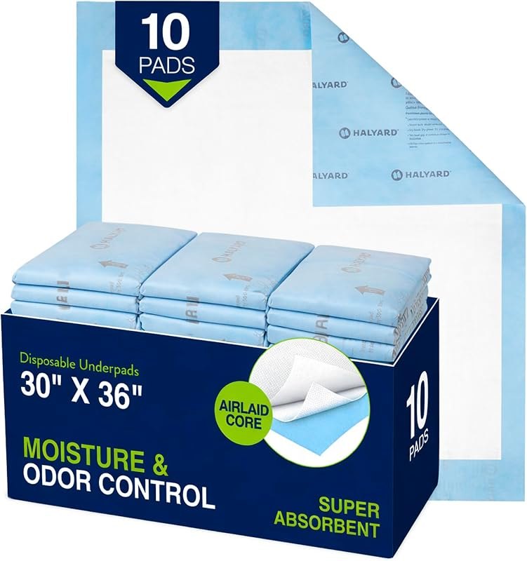 HALYARD Premium Disposable Underpads, 30 x 36 Inches Chux Pads - Blue, Pack of 10 - Incontinence Bed Pads for Adults
