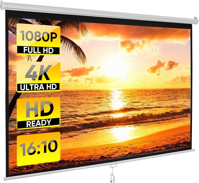 100 Inch 16:10 HD Projection Screen Manual Pull Down Indoor Outdoor Movie Screen, Wrinkle-Free Portable Projector
