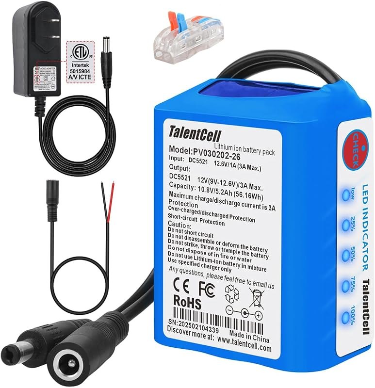 Talentcell 12V Rechargeable Lithium ion Battery Pack with Charger, 5200mAh Batteries with DC 12V Output for DIY