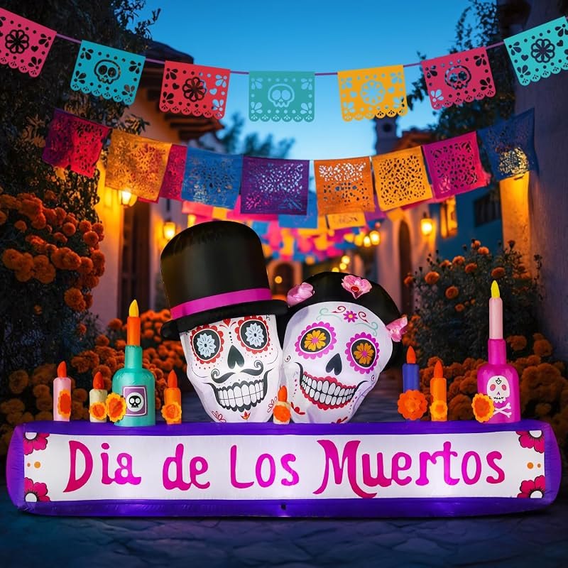 8FT Halloween Inflatable Blow Up Decorations, Dia de Los Muertos Day of Dead Catrina Skulls Altar, Built-in LEDs for