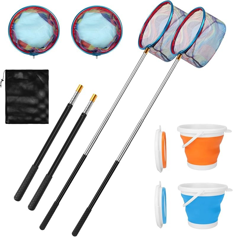 Kids Fishing Net, 2 Pack Telescopic Fishing Landing Net with Aluminum Pole Handle for Kids, Collapsible Bucket Kids