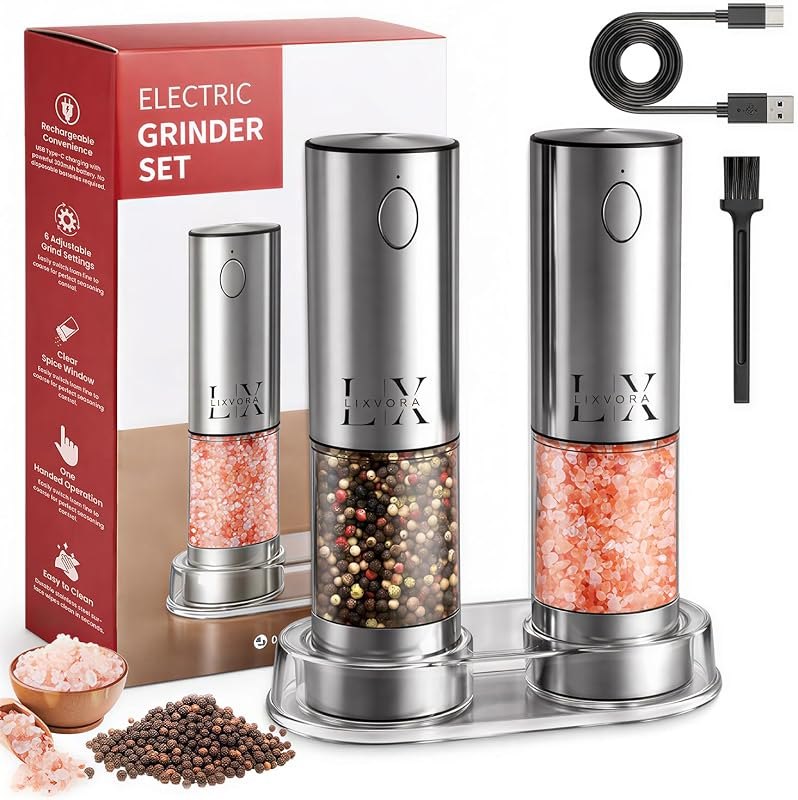 Electric Salt and Pepper Grinder Set, Rechargeable Salt and Pepper Grinders, Stainless Steel Automatic Pepper Mill