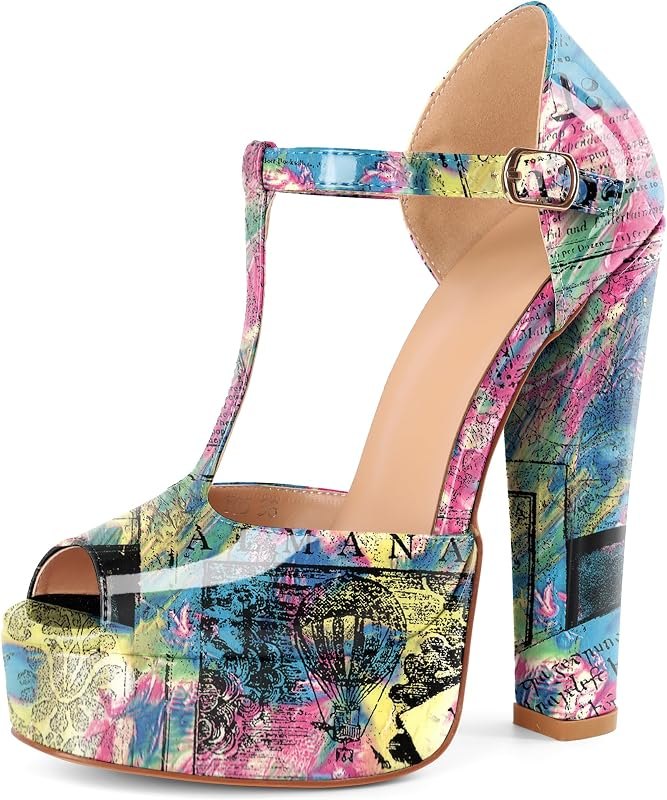 Women's Platform Chunky High Heels Ankle T Strap Square Peep Toe Sandals Party Dress Casual Shoes 6 Inches — ankle