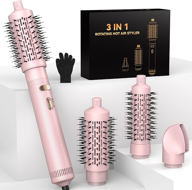 3 in 1 Rotating Hair Dryer Brush Spinning with Detachable Brush(2" & 1.5"),Negative Ionic Brush Blow Dryer 100-120V,3