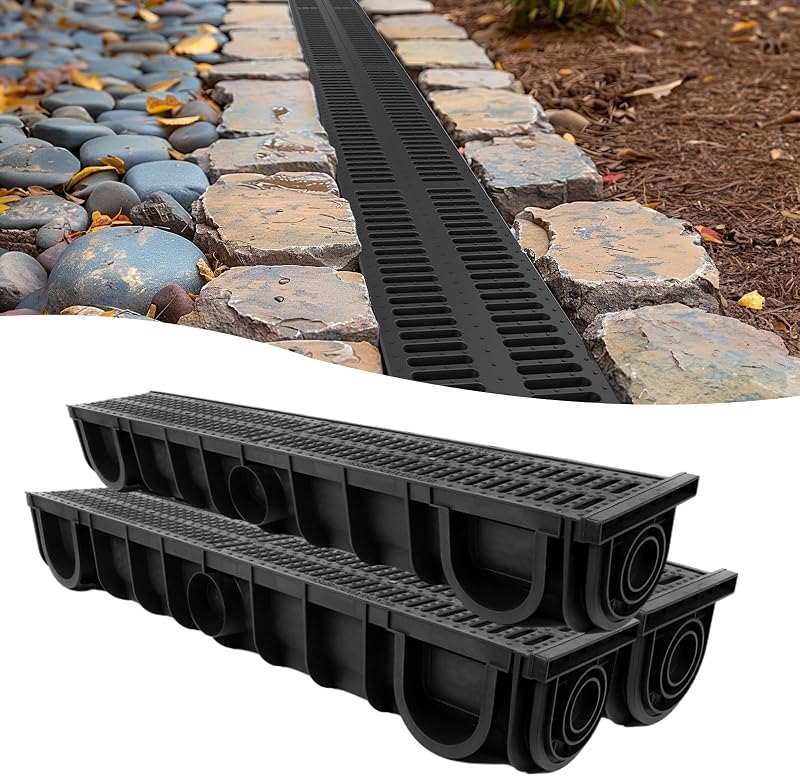 25Pack 5 Inch K-Style Gutter Hangers Pre-Inserted Screw with 3Pack HDPE Trench Drain for Roof Yard Drainage System