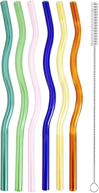 FSSTUD 6 Pcs 200 x 8mm Colorful Wavy Glass Straws Reusable Drinking Straws Cute Smoothie Cocktail Straw Hot Cold