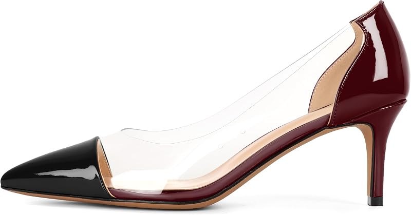 Women's Pointed Toe Cap Clear Stilettos Pumps Transparent PVC Vamp Mid Heels Slip on Wedding Dress Work Shoes 2.5 Inch