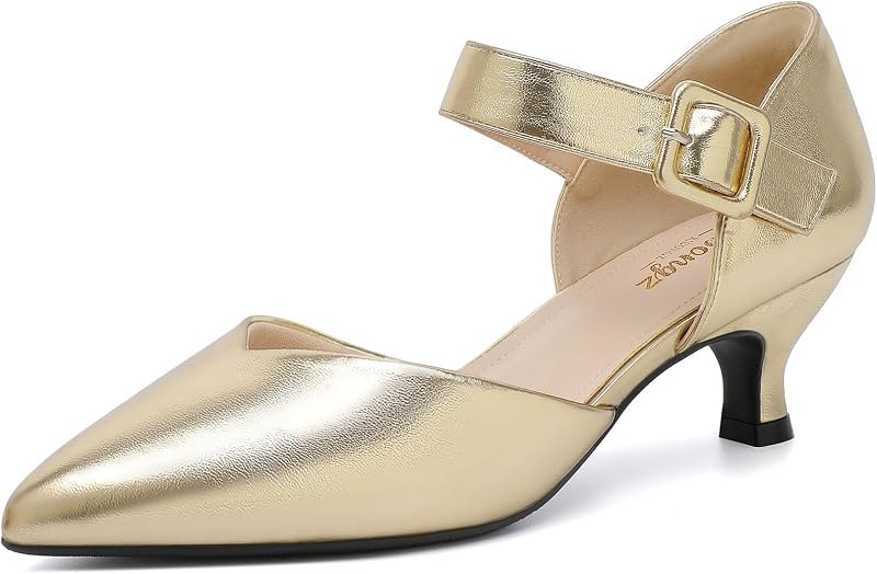 Comfortable Kitten Heels for Women Pointed Closed Toe Ankle Strap Buckle Heels Slip on Low Heel Church Pumps Wedding