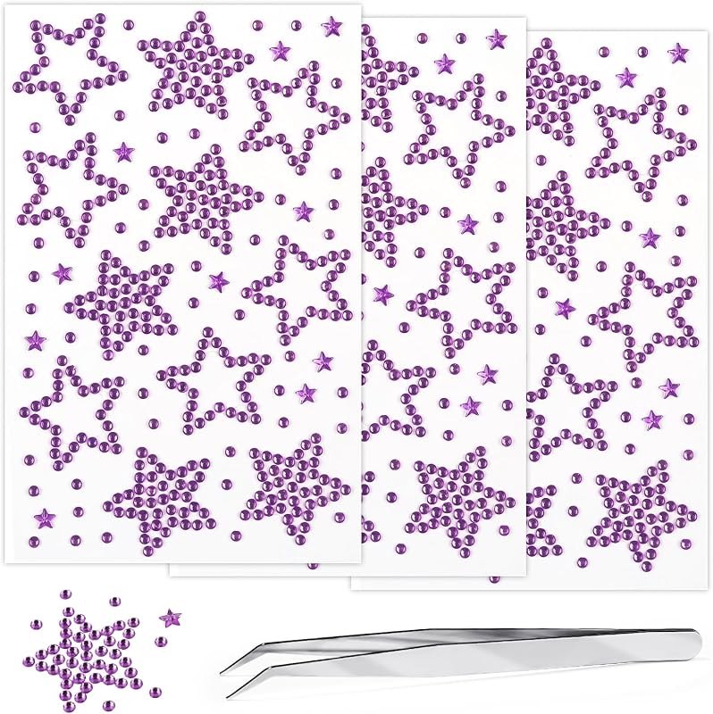 3 Sheets Star Rhinestone Stickers Light Purple Adhesive Gems Face Jewels Stickers Bling Hair Diamond Decals Sparkly