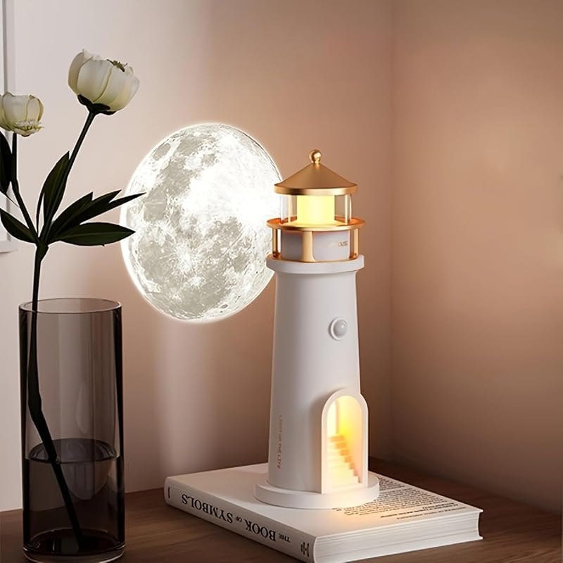 IFTHFOUR Moon Lighthouse Projector Night Light with Motion Sensor - Rechargeable LED Galaxy Table Lamp, Moon Lamp for