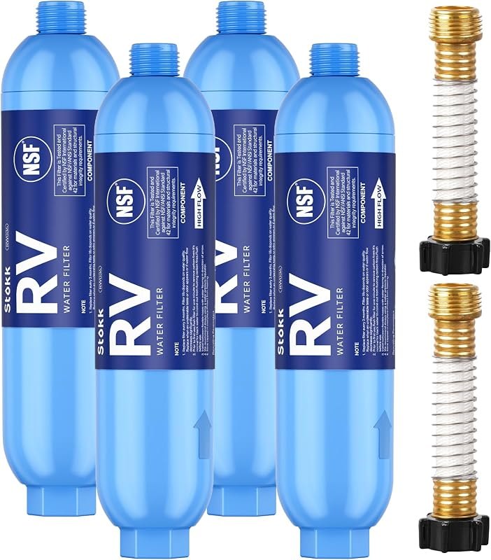 Stokk RV Water Filter with 2 Flexible Hose Protectors 4 Pack, NSF Certified — outdoor water filter for outdoor water