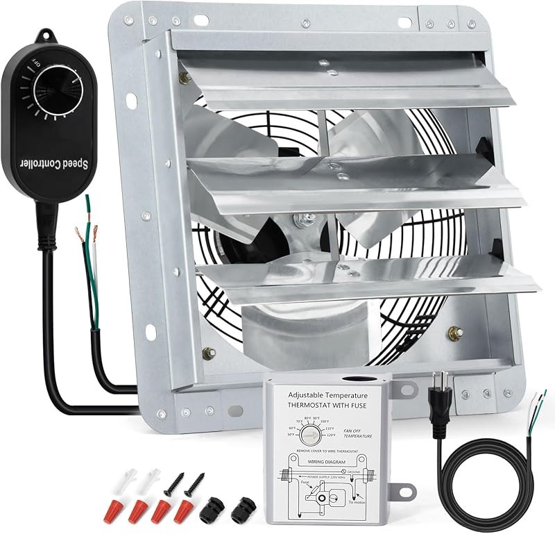 Criditpid 12 Inch Shutter Exhaust Fan, 970 CFM Wall Mounted Fan, Attic Vent Fan with Speed Controller and Thermostat