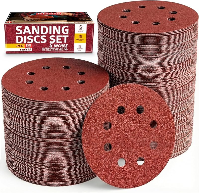 XFasten 5 Inch Sanding Discs Hook and Loop (150 PCS) Durable, Secure Hold 60 80 100 120 150 180 240 320 400 600 Grit 5
