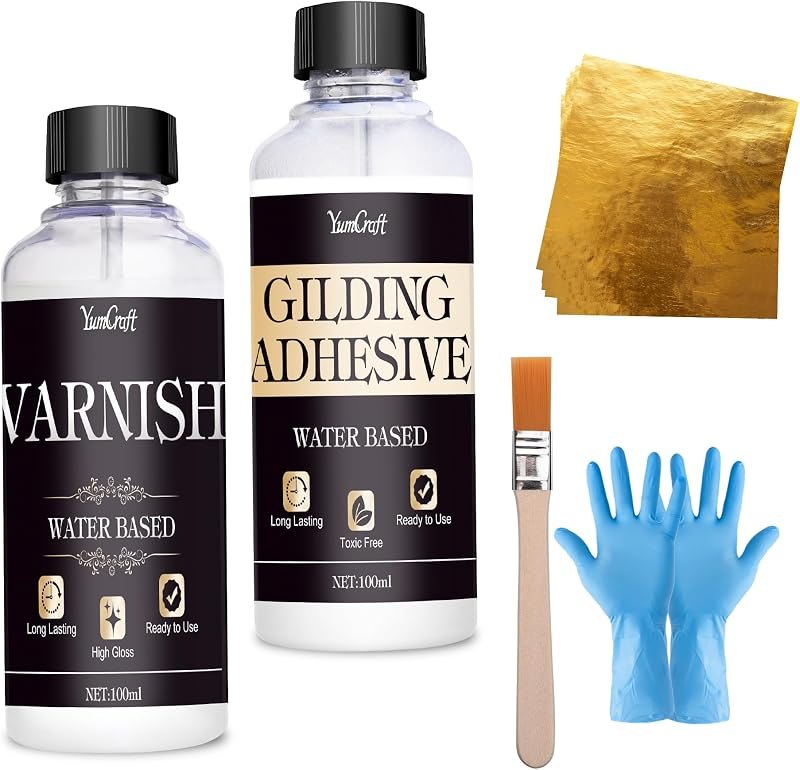 Gold Leaf Kit, 100ml Gilding Adhesive and 100ml Gloss Varnish and Gold Leaf Sheets 100 pcs, 1 Brushes, Gold Leaf