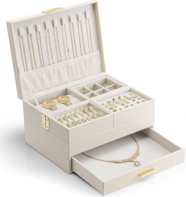 VLANDO 3 Layer Jewelry Box - Women Jewelry Box with Retractable Tray - Jewelry Organizers with Drawer for Necklaces