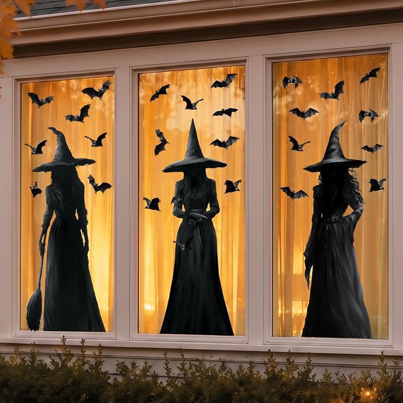 Halloween Decorations Window Clings Decor: 3pcs Large Realist Dark Witch Bats Silhouette Halloween Decals Cling