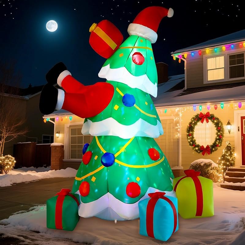 Deyhoc 7FT Inflatable Christmas Tree Decorations Outdoor with Built-in LEDs Lights, Blow Up Santa Claus Tree with 4