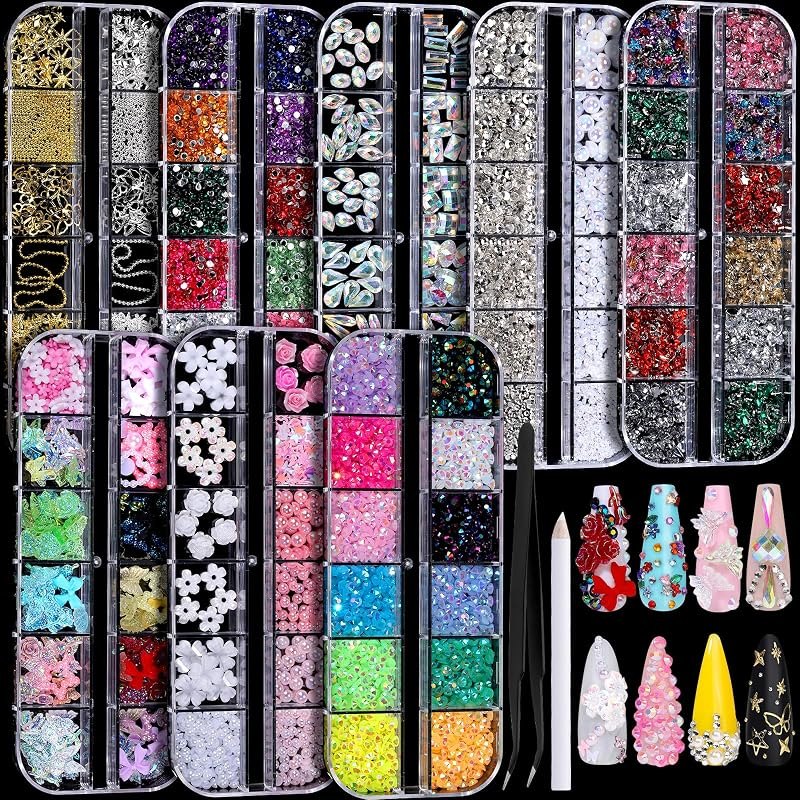 FANDAMEI Nail Charms, Nail Rhinestones Kit with 8 Boxes of Nail Gems, Bedazzling Kit for Nails, Colorful Clear