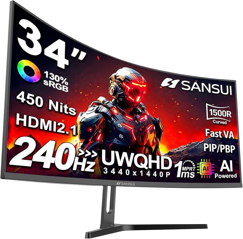 SANSUI 34 Inch Curved Monitor 240Hz UWQHD 3440×1440 Gaming Monitor — 34 inch ultrawide monitor for inch ultrawide