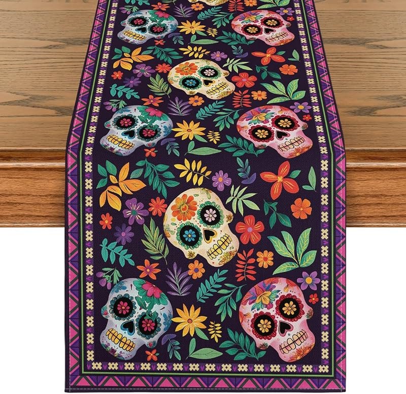Artoid Mode Mexican Sugar Skull Dia De Los Muertos Table Runner, Day of The Dead Altar Kitchen Dining Table Decoration