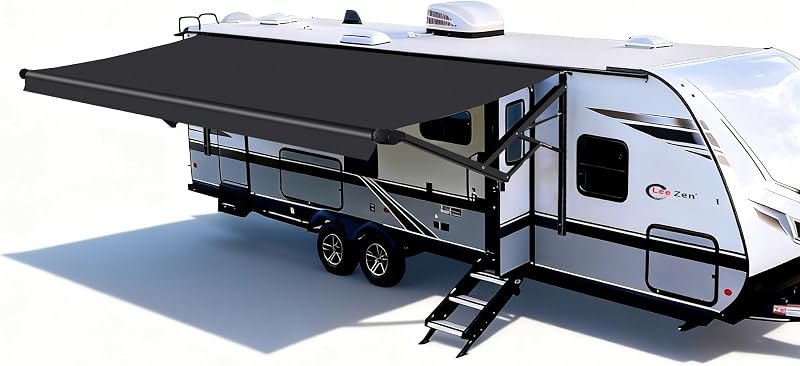 RV Electric Retractable Awning, Black Frame and Fabric Assemblies Full Set for RV, 5th Wheel,Travel Trailers,Motorhome