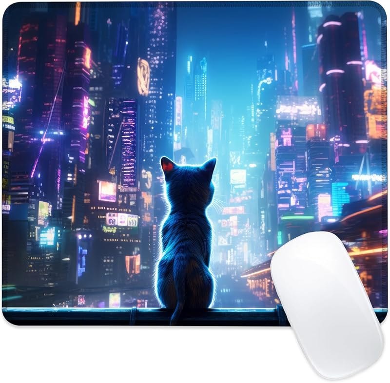 Desk Pad, Anime Cat Cyberpunk Neon City Small Gaming Mouse Pad,Waterproof Non-Slip Rubber Base Desk Mat with Stitched