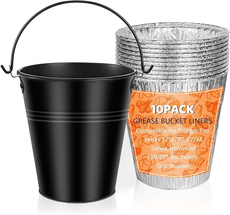 Drip Grease Bucket & 10 Pack Bucket Liners Set Compatible for Pit Boss Traeger Oklahoma Joe's Camp Chef Z Grill and