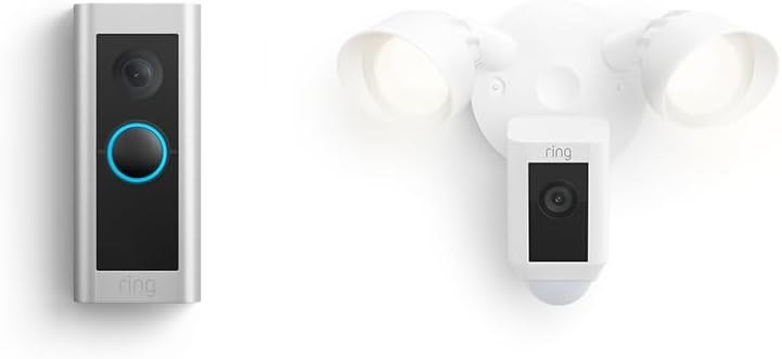 Like-New Ring Wired Doorbell Pro (Video Doorbell Pro 2) with Ring Floodlight Cam Wired (White) — floodlight video