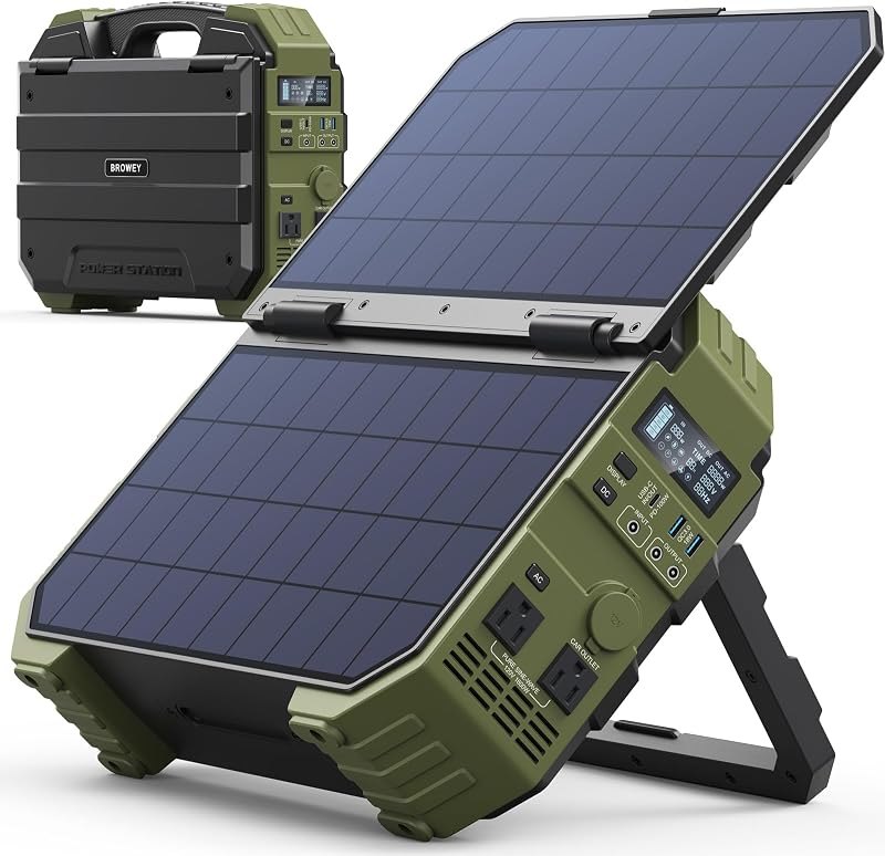 BROWEY 1600W (3200W Peak) Portable Power Station with Built-in Solar Panel