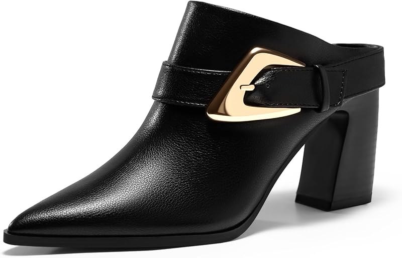 Womens Mules Boots Chunky Stacked Heel Pointed Toe Booties Slip On Dress Boot Shoes with Buckle Decoration — block