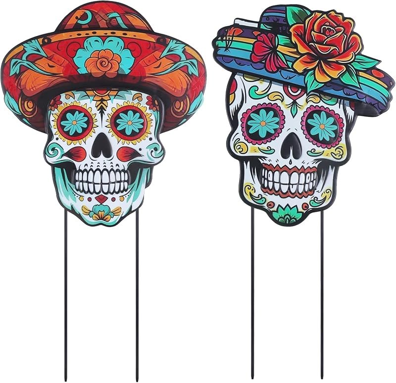 Dia De Los Muertos Decorations Outdoor, Set of 2 Dia de Los Muertos Sugar Skull Decorative Garden Stakes, Metal