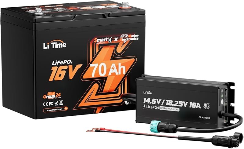 LiTime 16V 70Ah Lithium Fish Finder Battery with 10A Charger Kit