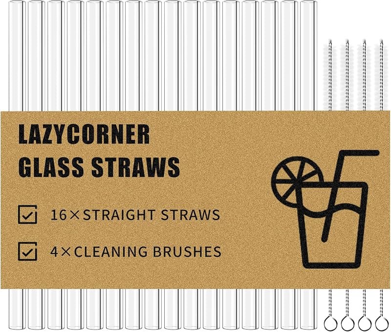 Lazycorner Reusable Glass Straws Set 16 Pcs 8.5''x 10MM Straight Clear Glass Drinking Straws, Set of 16 with 4