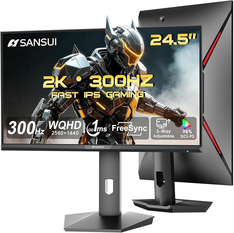 SANSUI 24.5 Inch Gaming Monitor QHD 1440P 300Hz 240Hz, 1ms Fast IPS Computer Monitor, 2× HDMI 2.1 Up to 300Hz, 2× DP