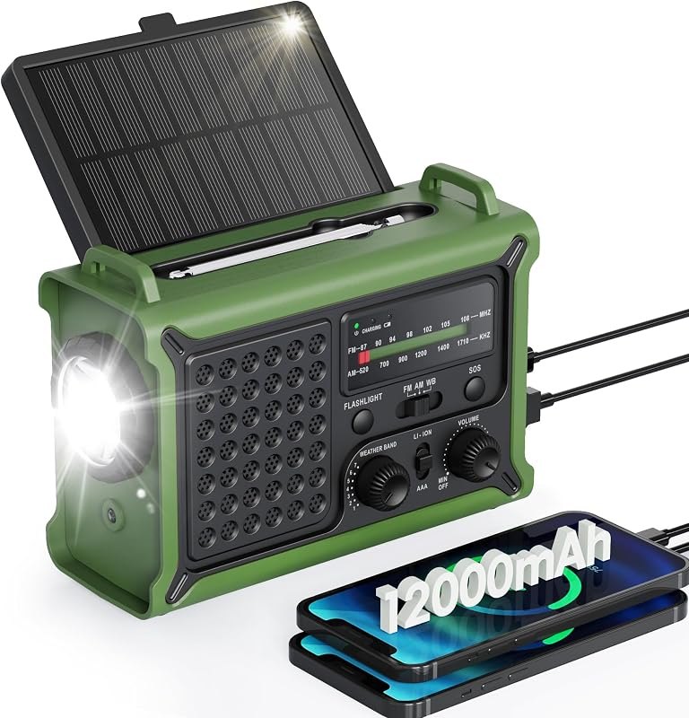 Emergency Weather Radio with Large Solar Panel, Real 12000mAh Battery — emergency hand crank radio for emergency hand