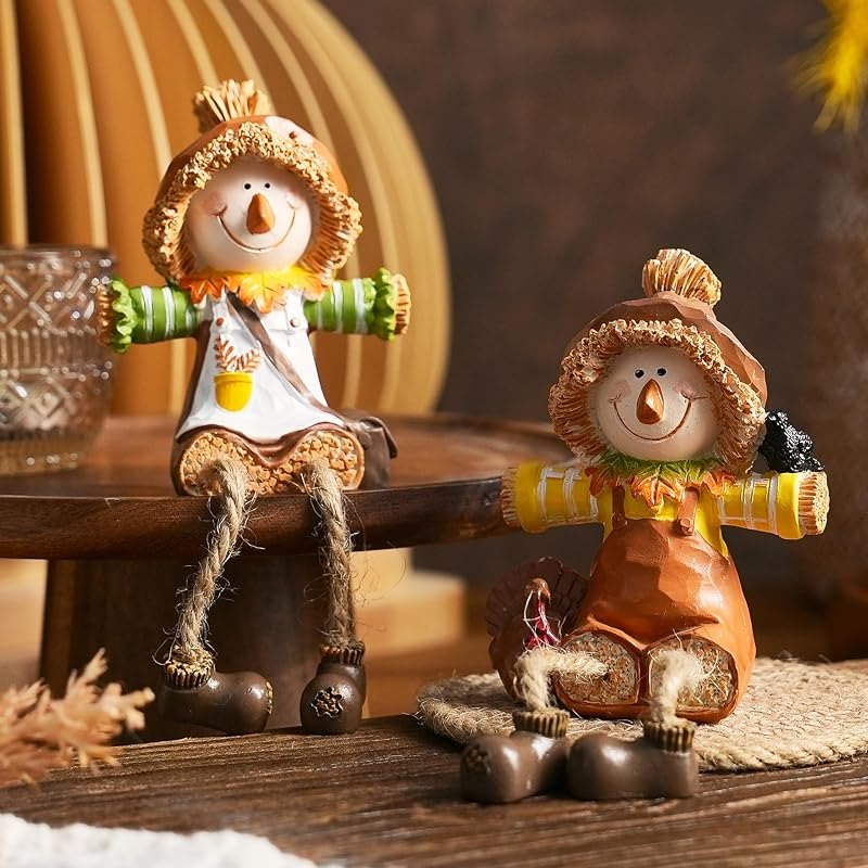 FESTGLOX Scarecrow Fall Decor, 2Pcs Fall Shelf Sitters with Dangling Legs — Thanksgiving Table Decor for thanksgiving