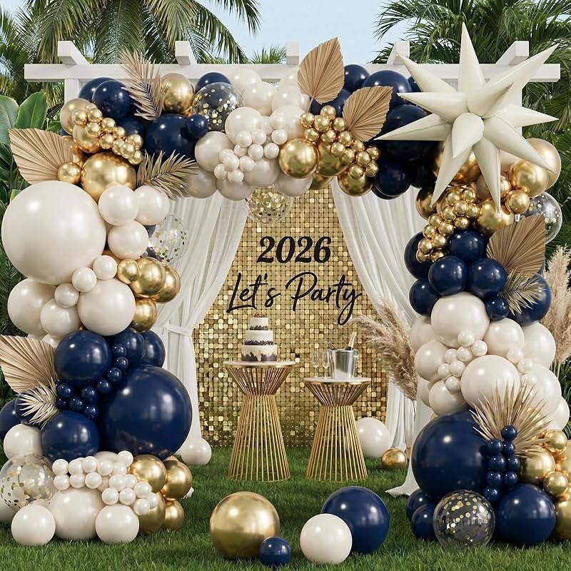 Navy Blue and Gold Balloons Graland Arch Kit, Double Stuffed Pearl White Royal Blue Champagne Gold with Confetti