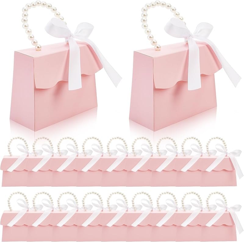 ZOOFOX 20 Pack Pink Treat Boxes for Girls, Small Valentines Candy Box Party Favors with Pearl Handle and Ribbon, Gift