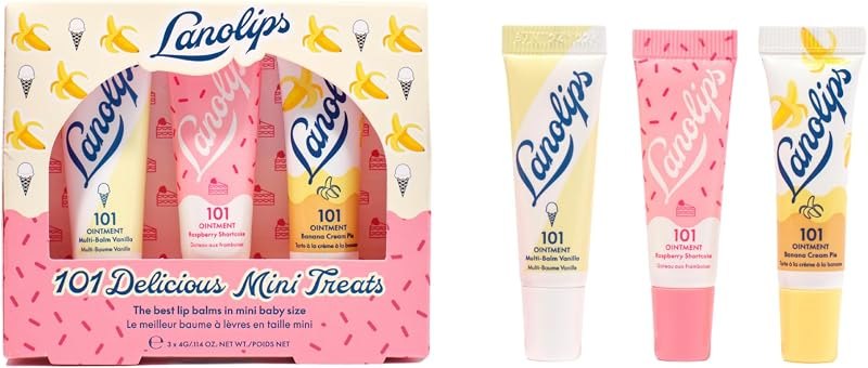 Lanolips 101 Delicious Mini Treats Gift Set - Includes 101 Ointment Lanolin Lip Balm in Vanilla, Raspberry Shortcake &