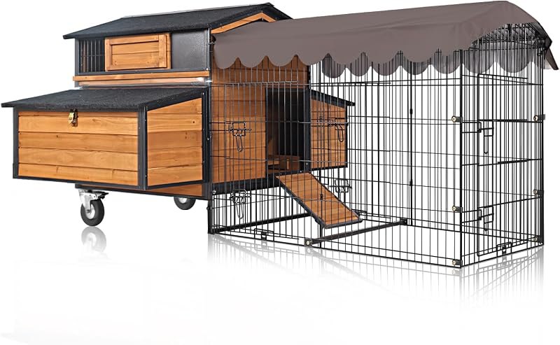 Chicken Coop with Wheels - Spacious 76" Metal Frame Chicken House with 6 Nesting Box and Leakproof Pull-on Tray -