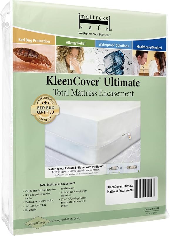 KleenCover® Ultimate Mattress Encasement- Queen, Fits 60x80 and 9-15"(D), Waterproof, Hypoallergenic, Certified Bed