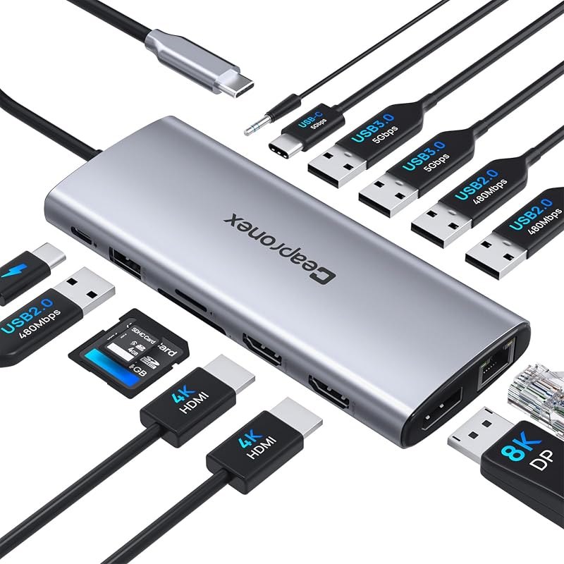 USB C Docking Station 14 in 1 with 2 HDMI 4K + DP 8K 3 Monitors Triple Display for Laptop,/MacBook