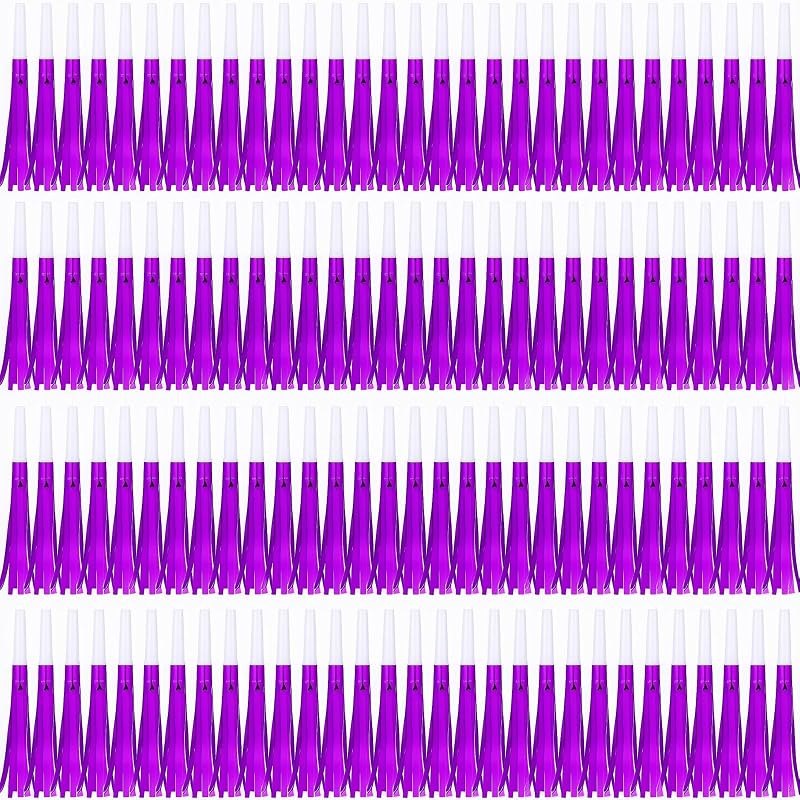 Noise Makers Party Horns, 120 Pack, Purple Metallic Glitter with Fringe, for Birthday, Wedding, New Year — New Year's