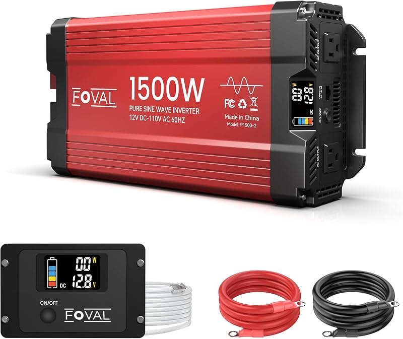 FOVAL 1500W Pure Sine Wave Inverter 12V DC to 110V AC Converter, 3000W Peak Power Inverter with LCD Display and 2 AC